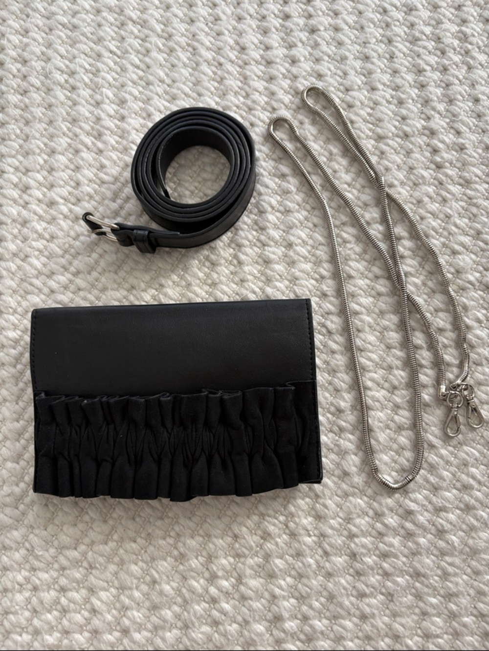 Anne Fontaine Black Ruffle Detail Crossbody Bag with Silver Chain